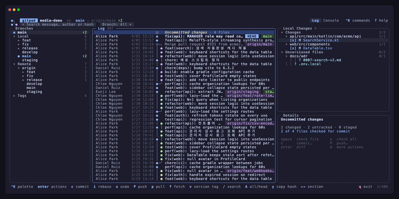 Commit workspace & hunk staging